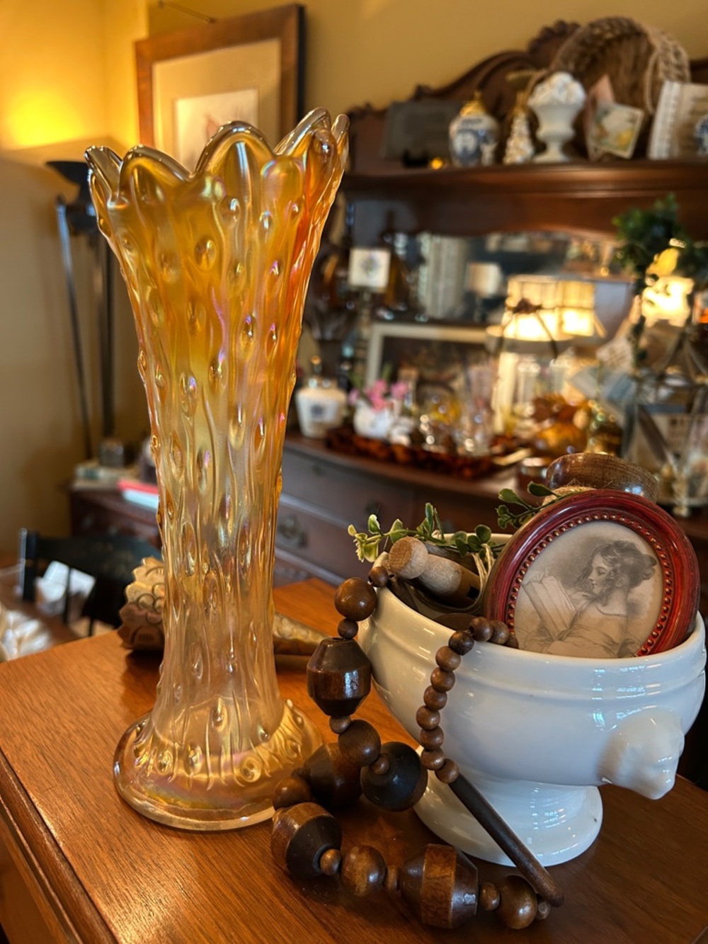 Vintage Northwood Iridescent Marigold Tree Trunk Swung Glass Vase